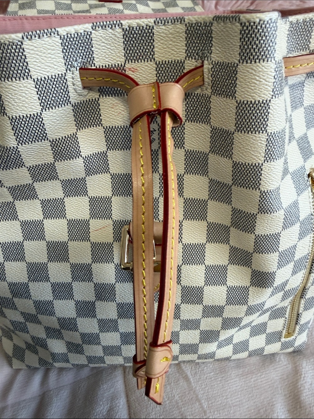 Designer-Inspired Women's Checker Canvas Backpack in Cream & Gray - Picture 3 of 16